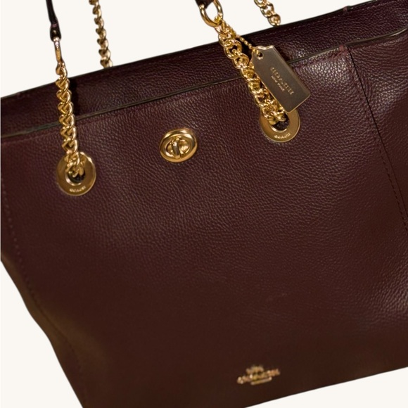 Coach Turnlock Chain Tote Polished Pebble Leather Gold Hardware - Picture 5 of 16